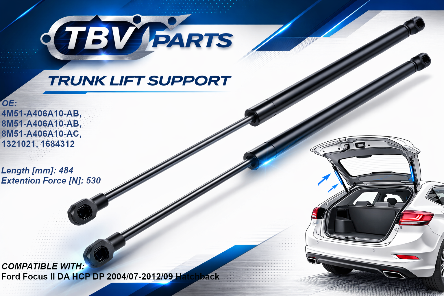 2X AMORTIGUADORES DE PRESIÓN DE GAS FORD FOCUS MK2 2004-2012 – PORTÓN TRASERO 1321021, 1684312 4M51-A406A10-AB, 8M51-A406A10-AB