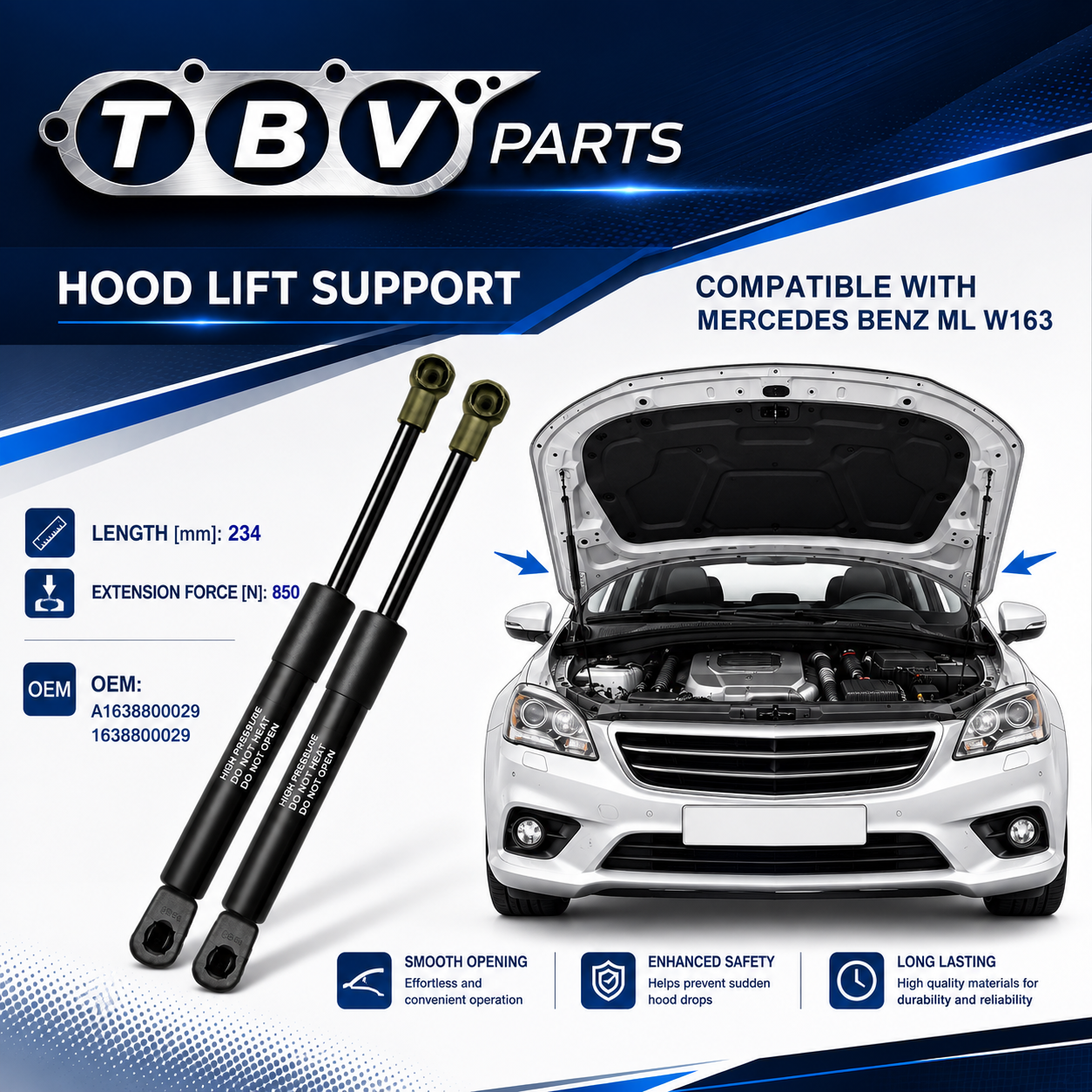 2X AMORTIGUADORES DE PRESIÓN DE GAS DE CAPO MERCEDES CLASE M W163 A1638800029 1638800029