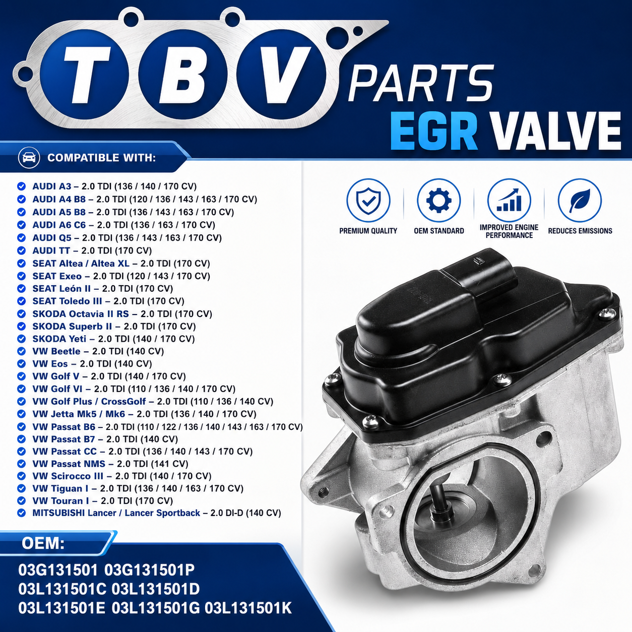 VALVULA EGR VOLKSWAGEN 2.0 TDI 03G131501 03G131501P 03L131501C 03L131501D 03L131501E 03L131501G 03L131501K