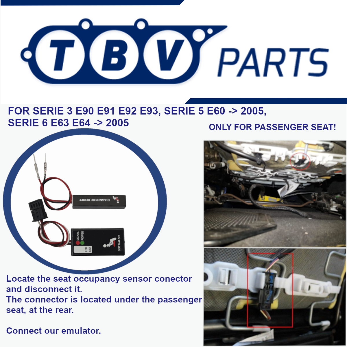 Herramienta auxiliar de diagnóstico – sensor de ocupación asiento pasajero Para E90, E91, E92, E93 Solución Fallo Luz Roja Esterilla para Serie 3, para Serie 5 E60, E61, 6 E63, E64