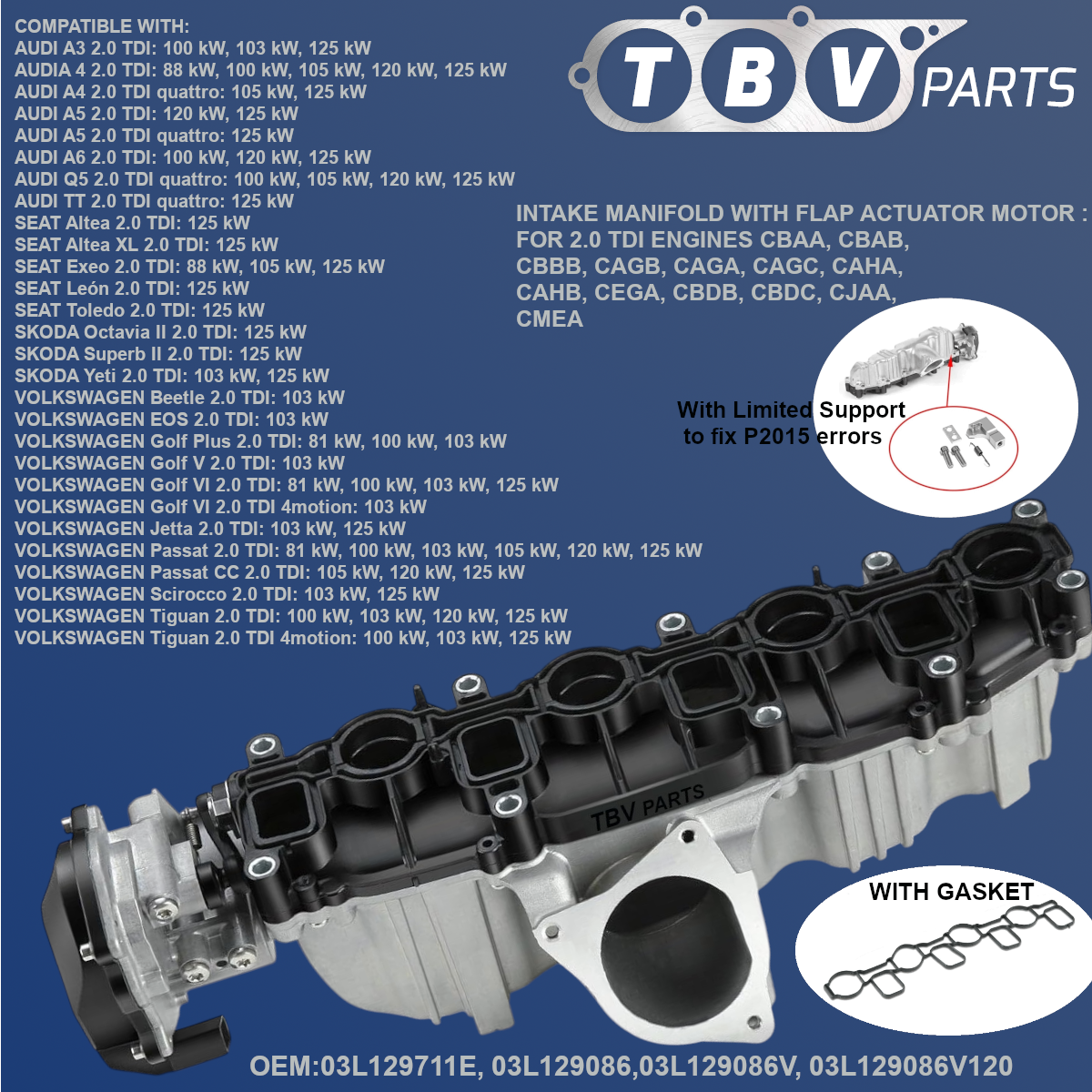 COLECTOR DE ADMISION CON ACTUADOR AUDI SKODA SEAT VW 2.0TDI 03L129711E 3L129711E 03L129086